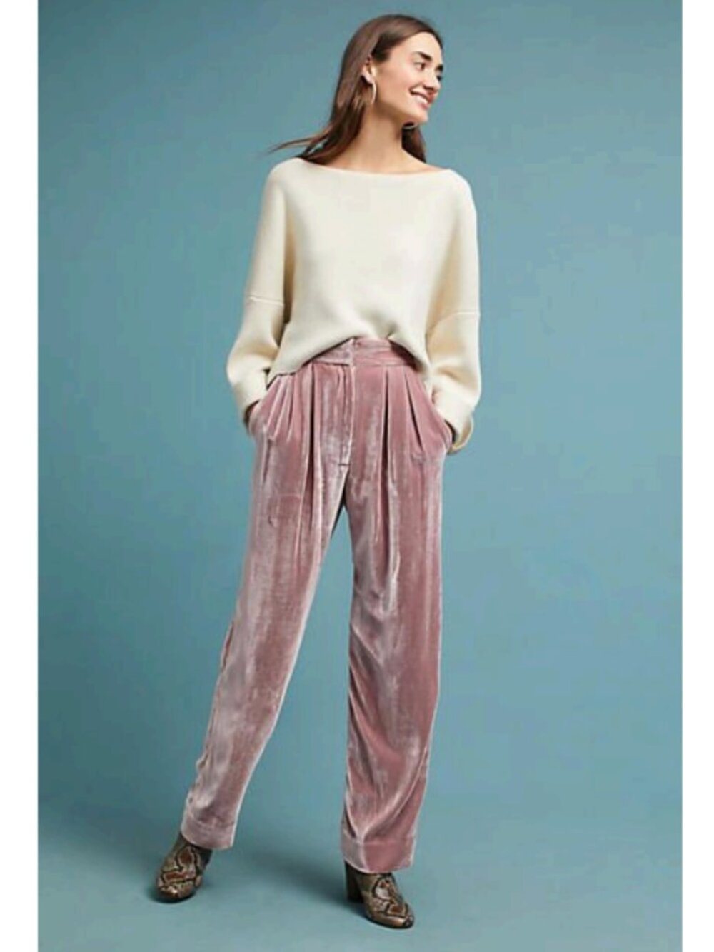 Mara Hoffman Josephine Wide-Leg Velvet Pleated High Rise Pink Mauve Pants Size 2